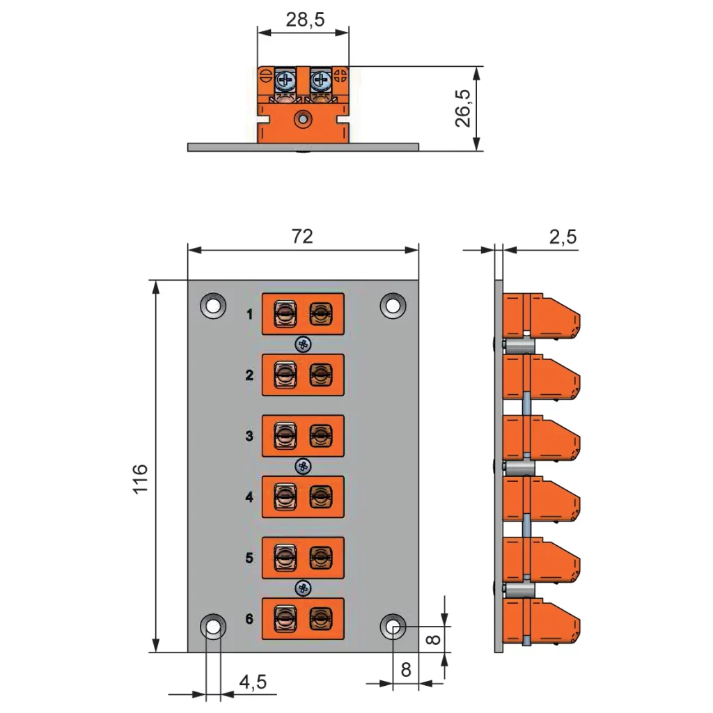 Kompletny panel montażowy ze standardowymi gniazdami termoparowymi (pionowy) PASV - http://acse.pl
